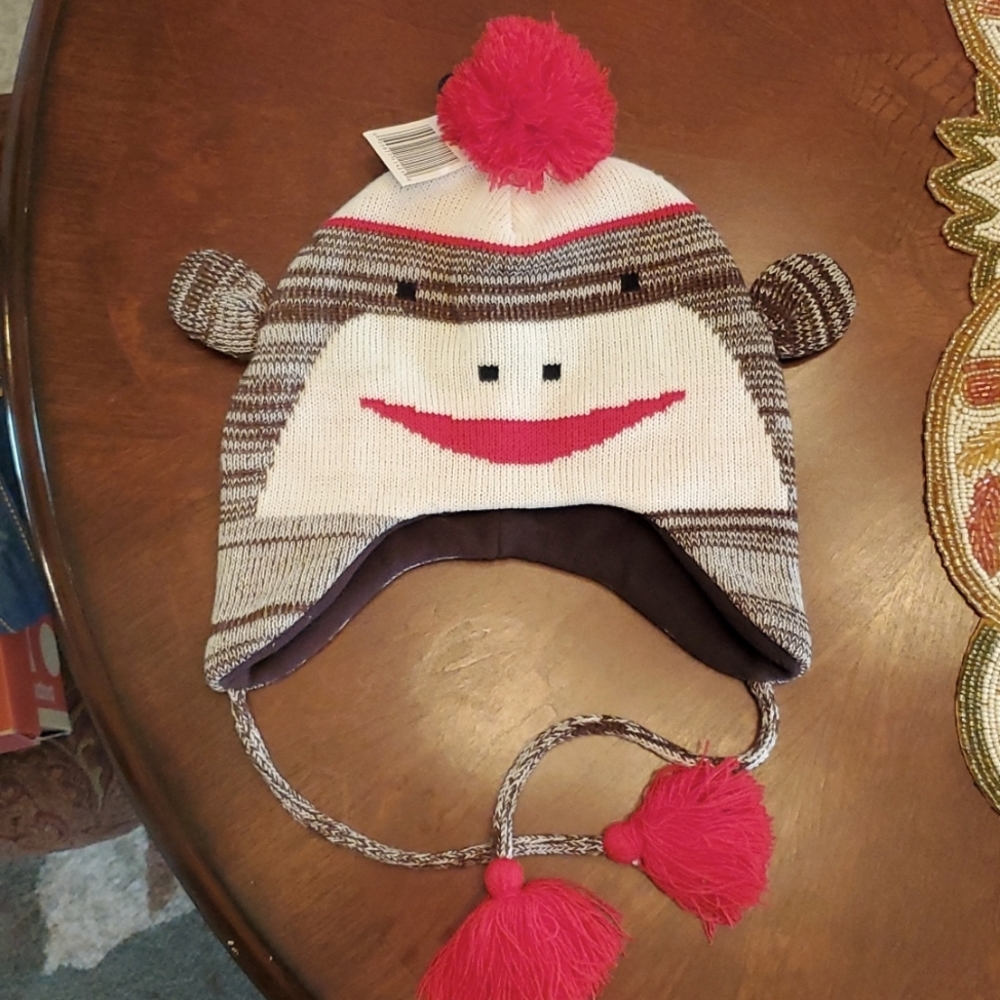 Sock monkey fleece lined winter hat NWT